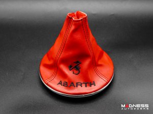 FIAT 500 Gear Shift Boot + Retaining Ring Set- Red EcoLeather w/ Black Stitching + ABARTH/ Scorpion Logos